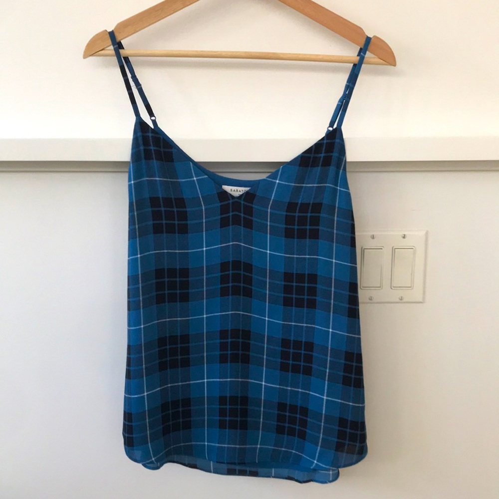 Aritzia Blue Plaid Silk Cami Tank Top